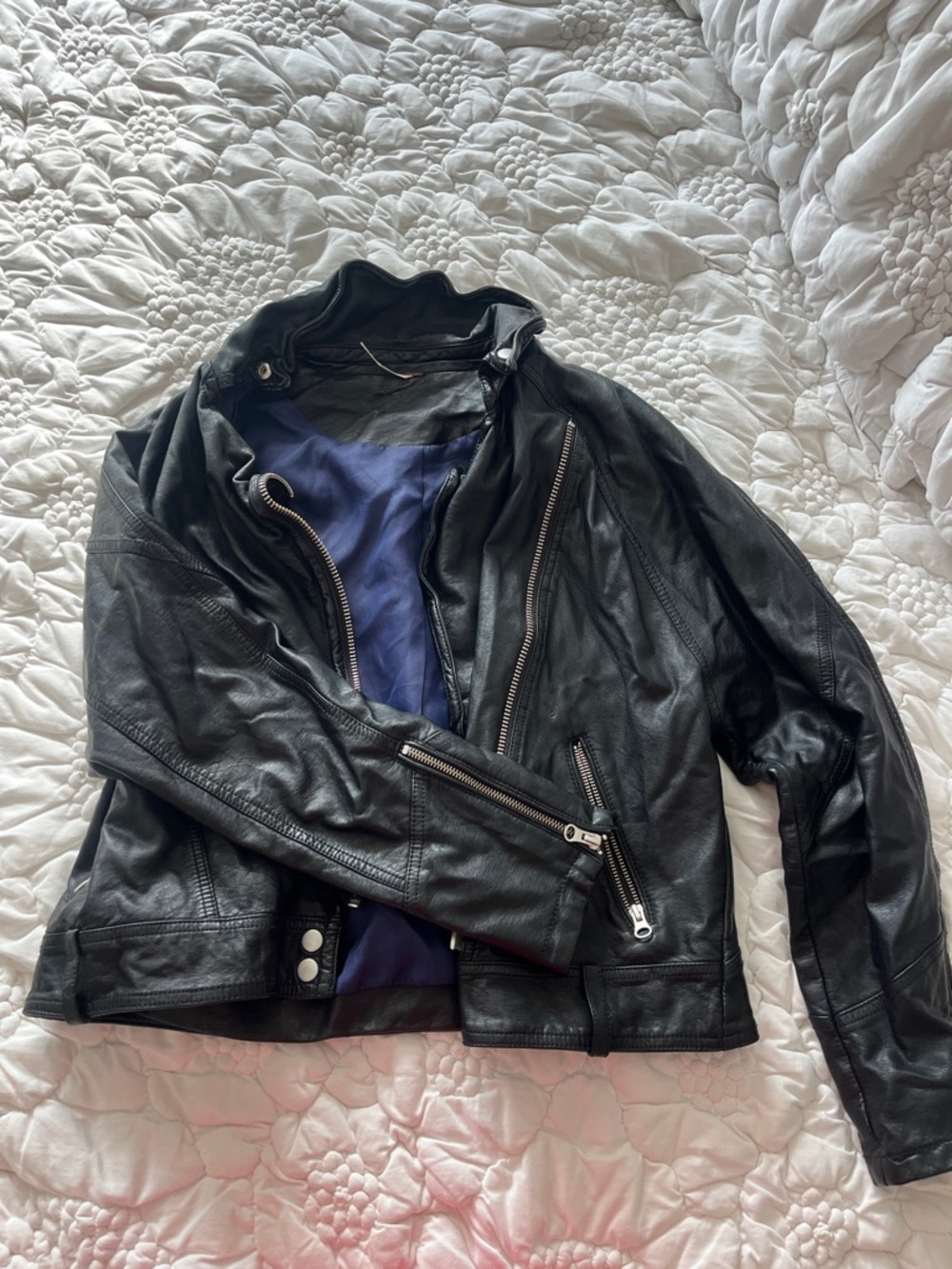 Free People Black Leather Moto Jacket with Navy Lining